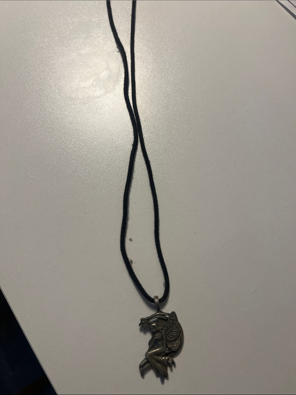 Silver Fairy Pendant Necklace on Black Cord